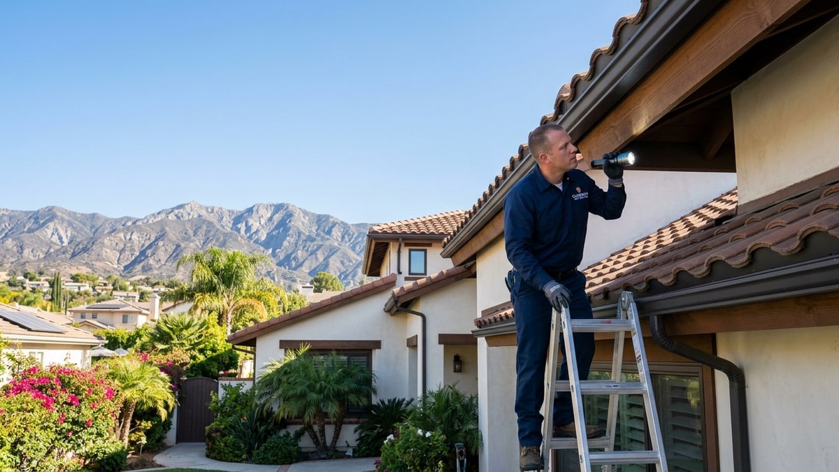 Licensed rodent control specialist inspecting residential roofline in Covina, CA