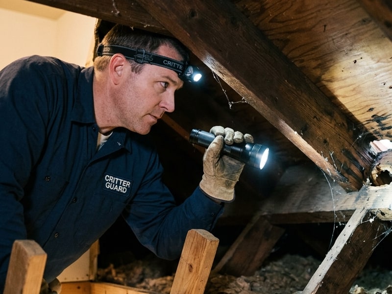 Pest technician conducting 30-point attic and crawl space rodent inspection in Covina